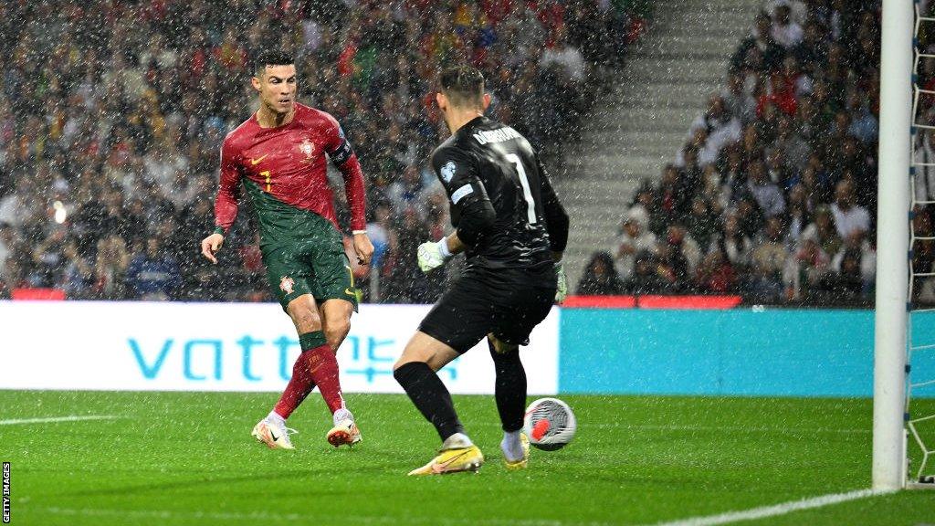 Portugal's Cristiano Ronaldo scores