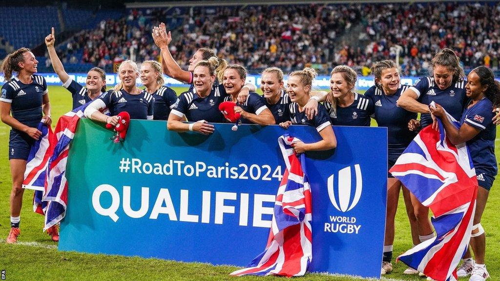 Great Britain's women's rugby sevens team celebrate qualifying for the Paris 2024 Olympics.