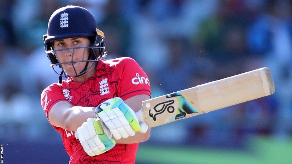 England all-rounder Nat Sciver-Brunt plays a shot in the T20 World Cup