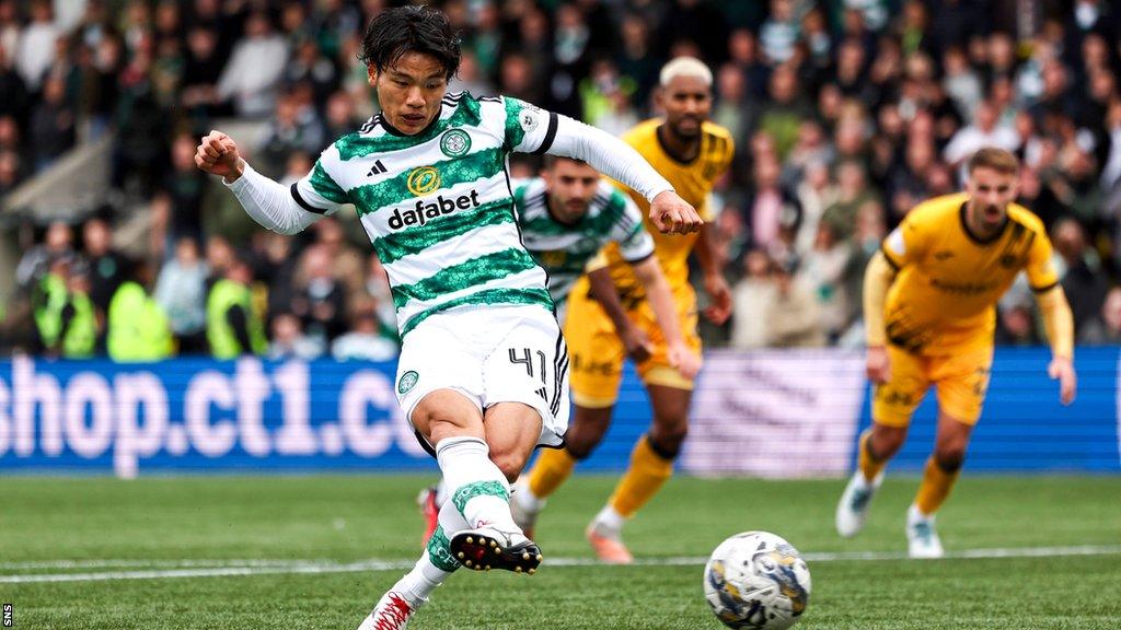 Reo Hatate scores a penalty for Celtic against Livingston