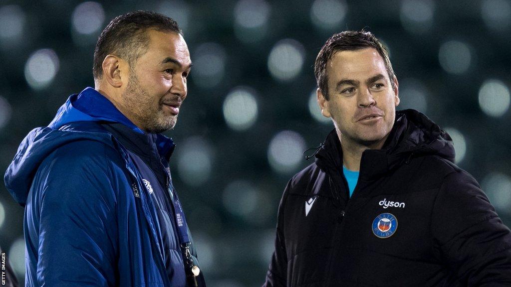 Pat Lam (left) talking to Johann van Graan prior to Bristol v Bath last February