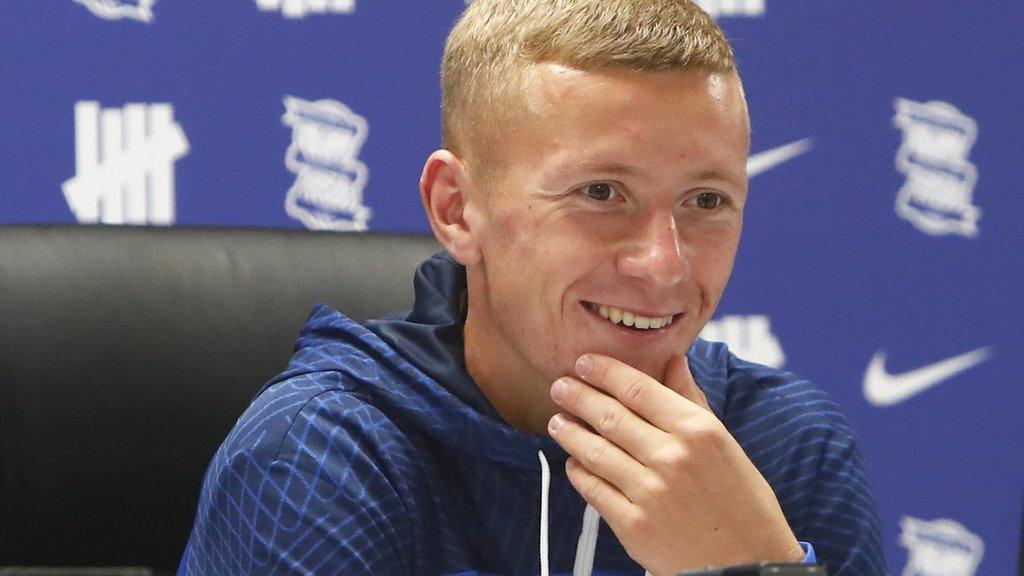 Jay Stansfield smiles at his post-match press conference after his injury-time winner for Birmingham against Plymouth Argyle