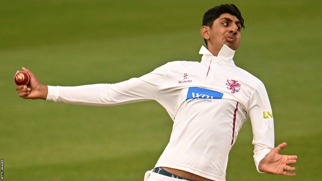 Somerset spinner Shoaib Bashir delivers a ball