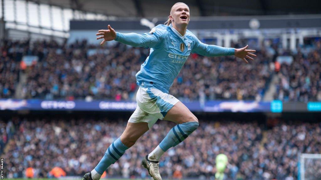 Erlng Haaland celebrates a goal at the Etihad