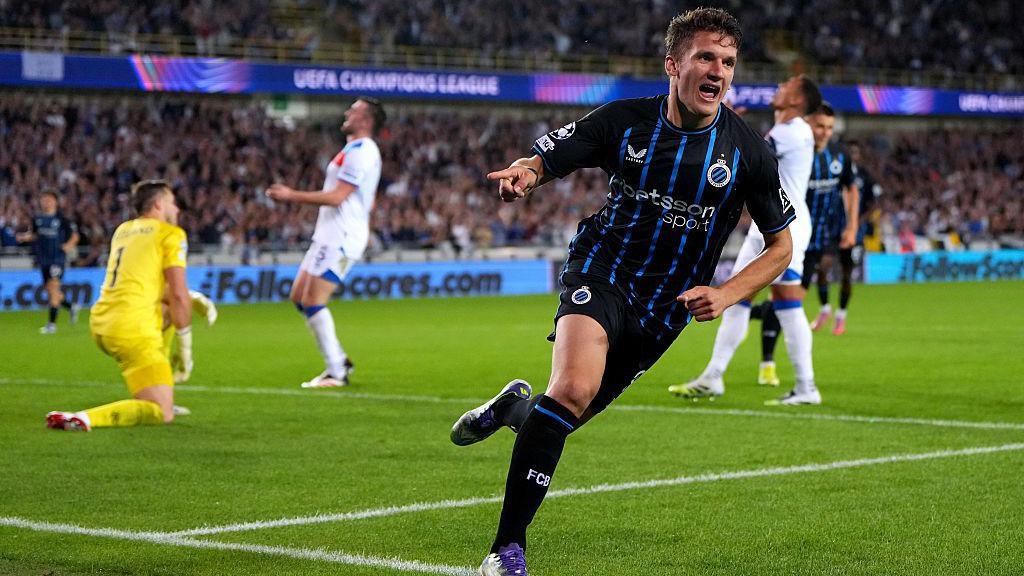  Christos Tzolis of Club Brugge celebrates scoring his team's sixth goal.