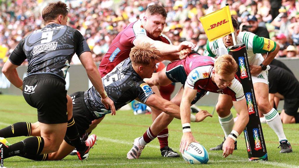 Australia scrum-half Tate McDermott scores for Queensland Reds in the 2024 Super Rugby season