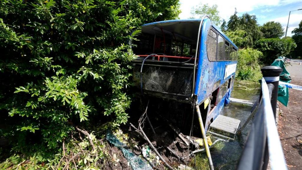 The bus partially submerged in a river