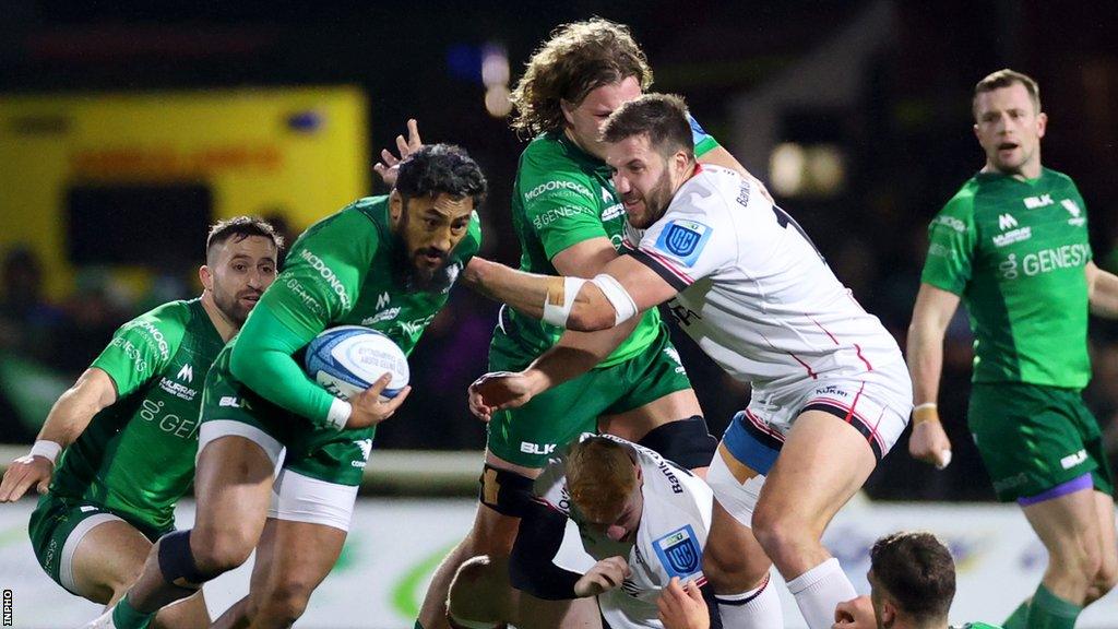 Bundee Aki runs with the ball during Connacht's match with Ulster in December