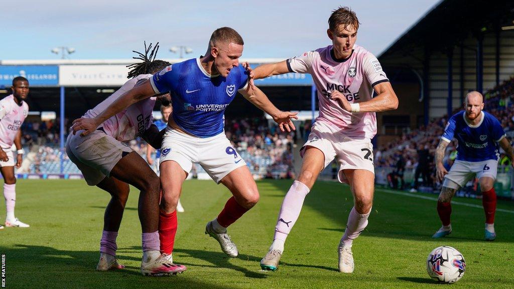 Portsmouth forward Colby Bishop during a League One match 2023-24.