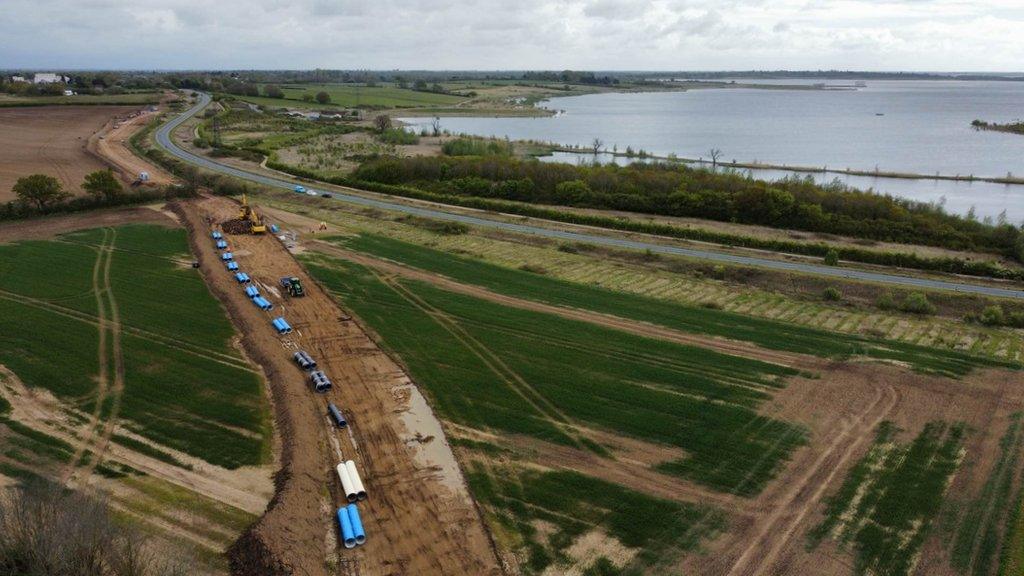 Aerial photo of a water pipeline construction near Abberton reservoir