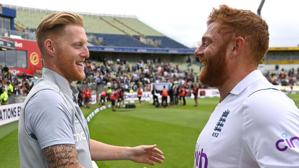 Ben Stokes (left) congratulates Jonny Bairstow (right) after scoring 114 not out in England's win over India