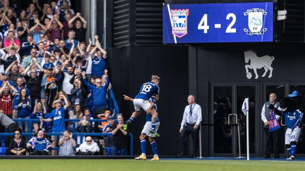 Ipswich celebrate scoring against Preston