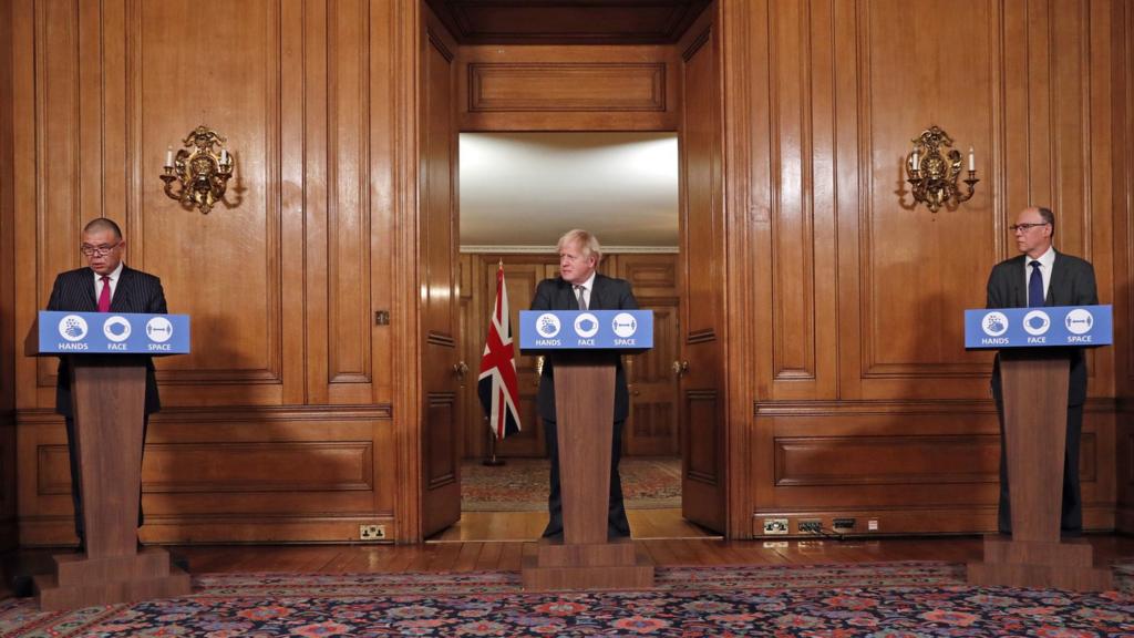 Deputy Chief Medical Officer for England Jonathan Van Tam (left), Prime Minister Boris Johnson (centre) and National Medical Director of NHS England Professor Stephen Powis (right) speaking at a press conference in 10 Downing Street, London