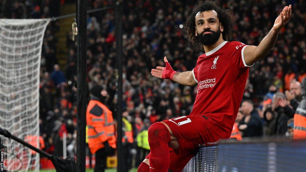 Mohamed Salah celebrates scoring against Newcastle