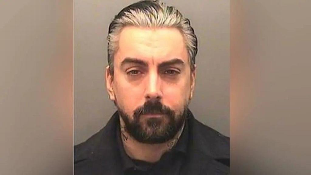 Custody image of Ian Watkins, with grey/black hair and a black beard