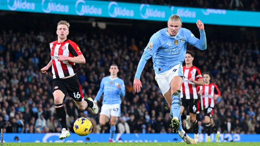 Erling Haaland scores for Manchester City in the Premier League match against Brentford