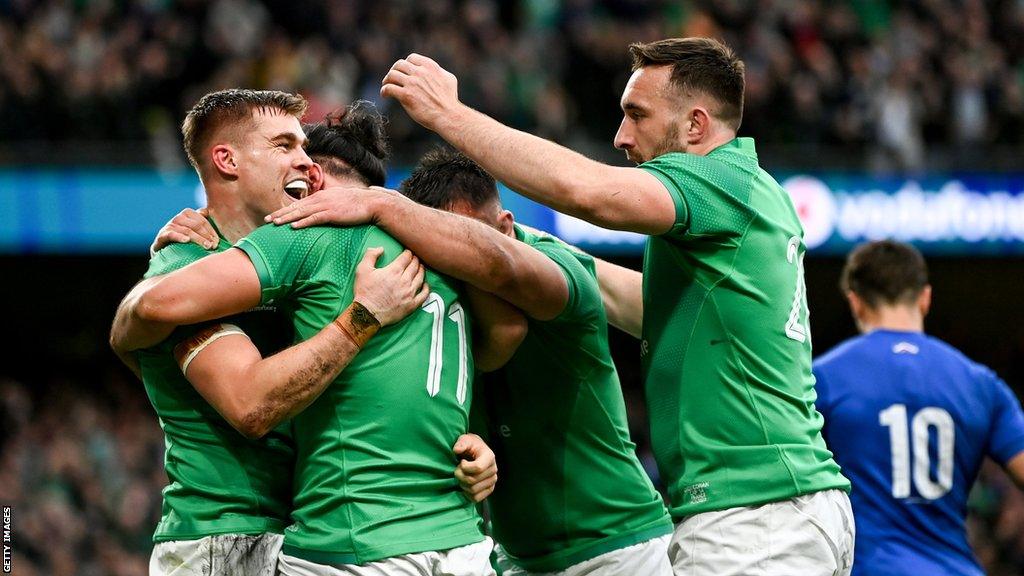 Garry Ringrose celebrates with his Ireland team-mates