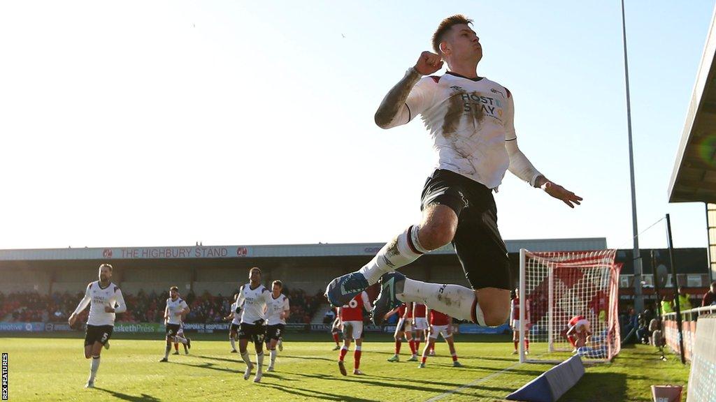 James Collins celebrates his goal for Derby at Fleetwood