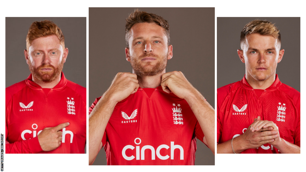 A split graphic showing Jonny Bairstow (left), Jos Buttler (centre) and Sam Curran (right)