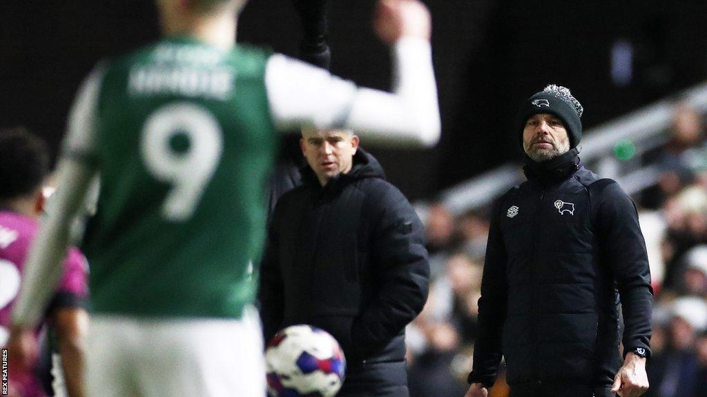 Derby boss Paul Warne on the sideline watching his side get beaten by Plymouth