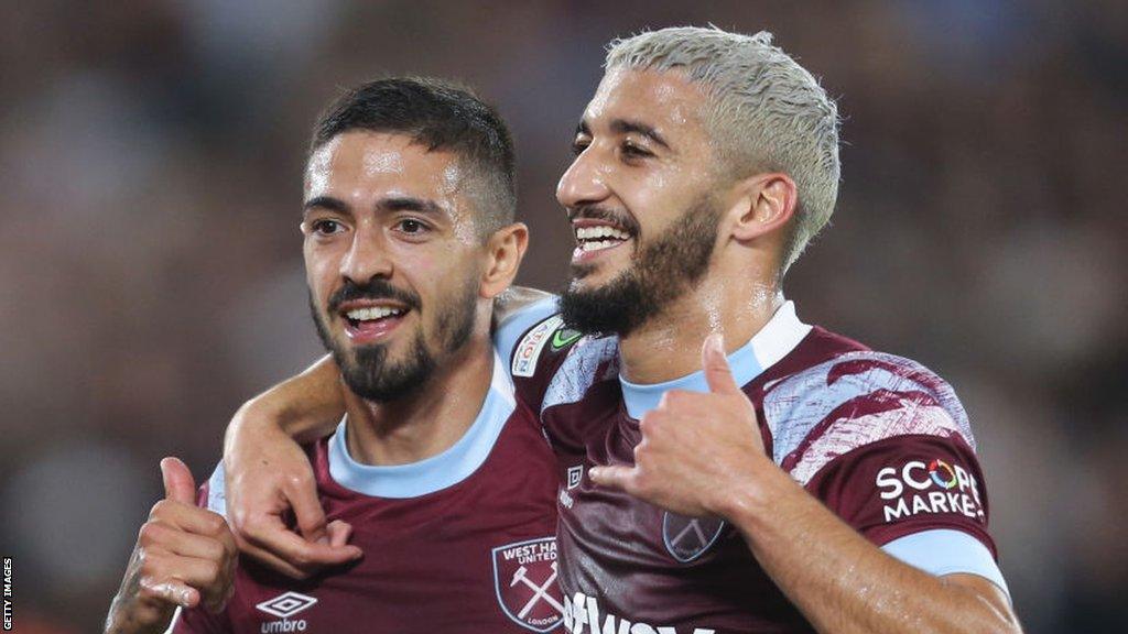 Manuel Lanzini and Said Benrahma celebrate in the Europa Conference League