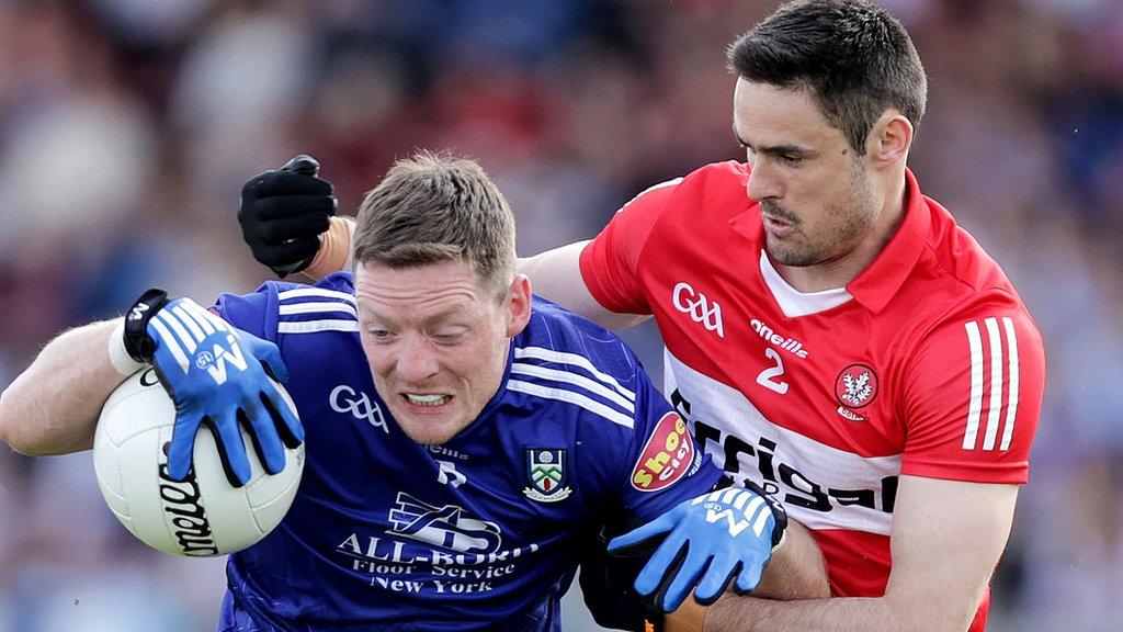 Conor McManus and Chrissy McKaigue in action during Saturday's Ulster SFC semi-final in Omagh