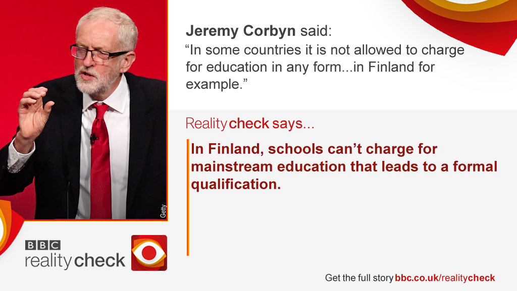 jeremy corbyn said "in some countries it is not allowed to charge for education in any form". Reality check says...In Finland schools can't charge for mainstream education that leads to a formal qualification.