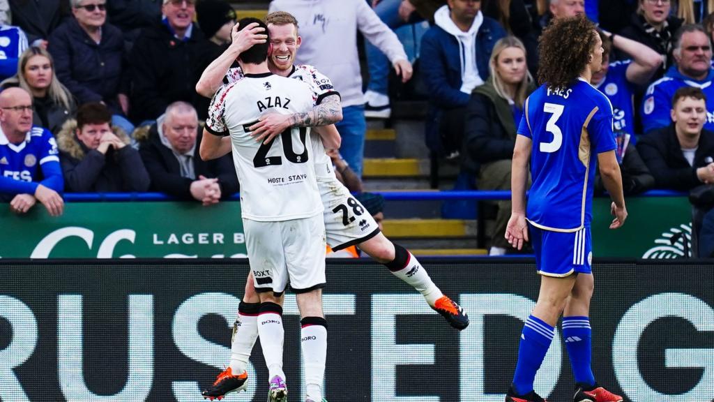 Middlesbrough players celebrate Finn Azaz's goal at Leicester