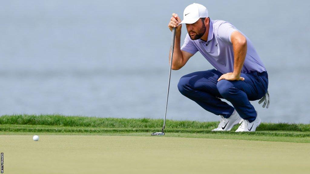 Scottie Scheffler lining up a putt at the Arnold Palmer Invitational