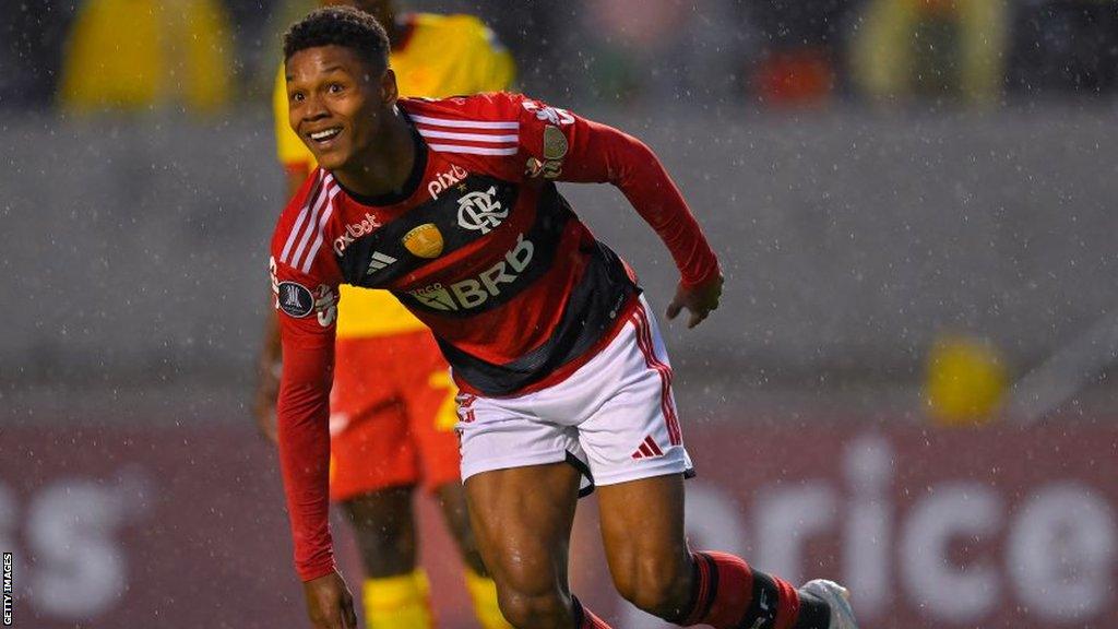 Matheus Franca celebrates after scoring a goal for Flamengo