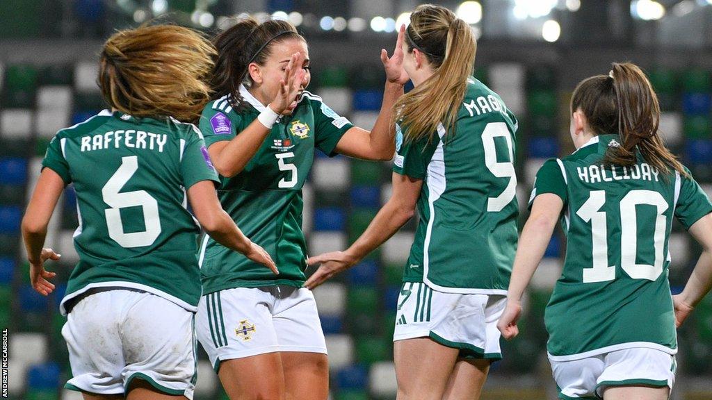 Northern Ireland players celebrate after scoring against Montenegro