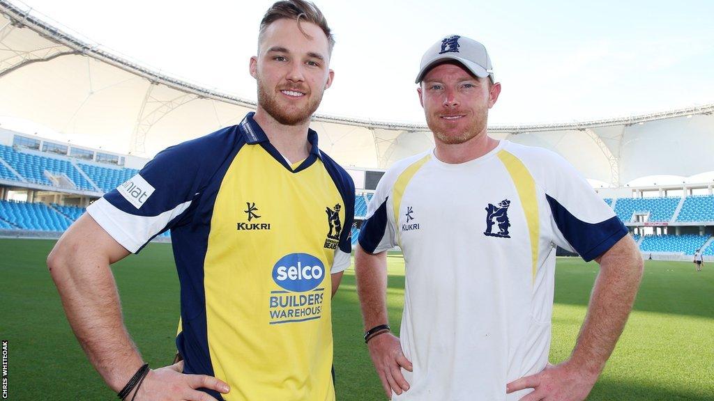 Laurie Evans lines up with new Bears captain Ian Bell during their pre-season warm-up friendly against the West Indies in Dubai