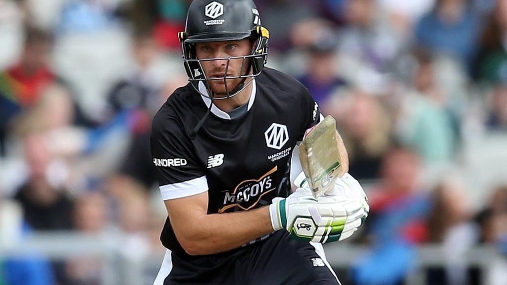 Manchester Originals batter Jos Buttler looks at the ball after playing a shot