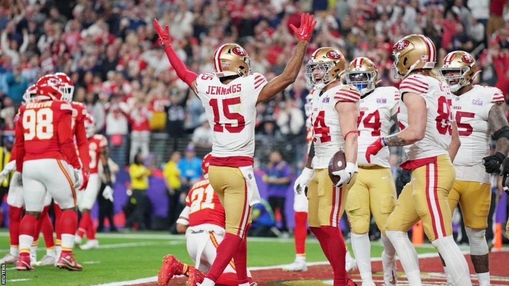 Jauan Jennings celebrates scoring a touchdown in Super Bowl 58