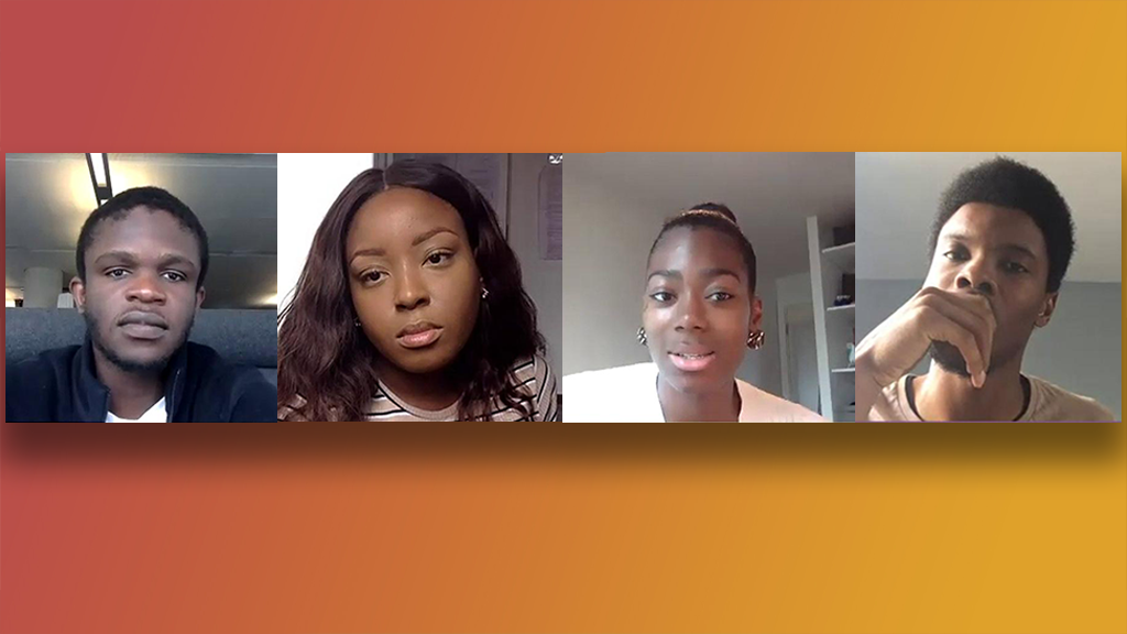 Screenshot of video call with C鶹Լ presenters De'Graft, Shanequa, Mwaksy and Rhys