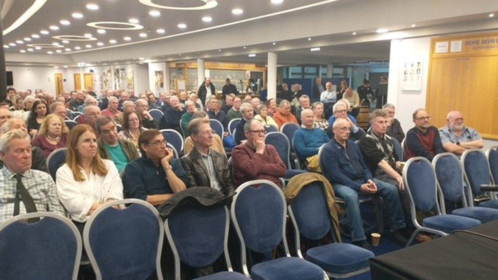 BBC Commentators Kevan James and Emily Windsor host fans and panel members at the annual BBC Radio Solent Hampshire Cricket Fans Forum at the Ageas Bowl.