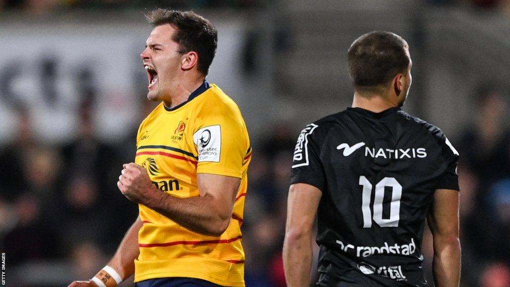 Jacob Stockdale celebrates an Ulster try in the win over Racing