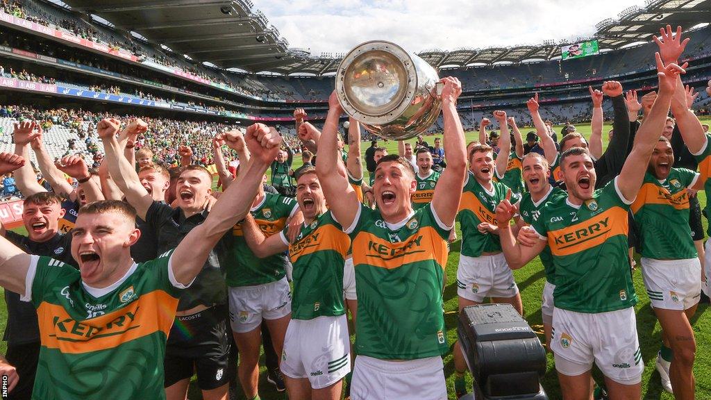 The Kerry team celebrate after beating Galway in the 2022 All-Ireland final