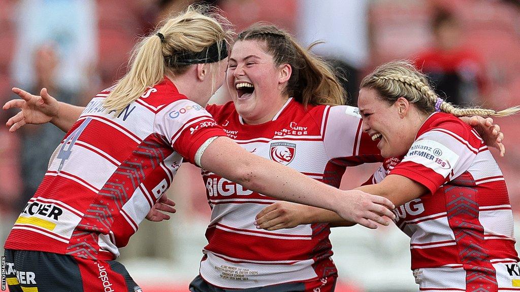 Gloucester-Hartpury celebrate winning the Premier 15s title