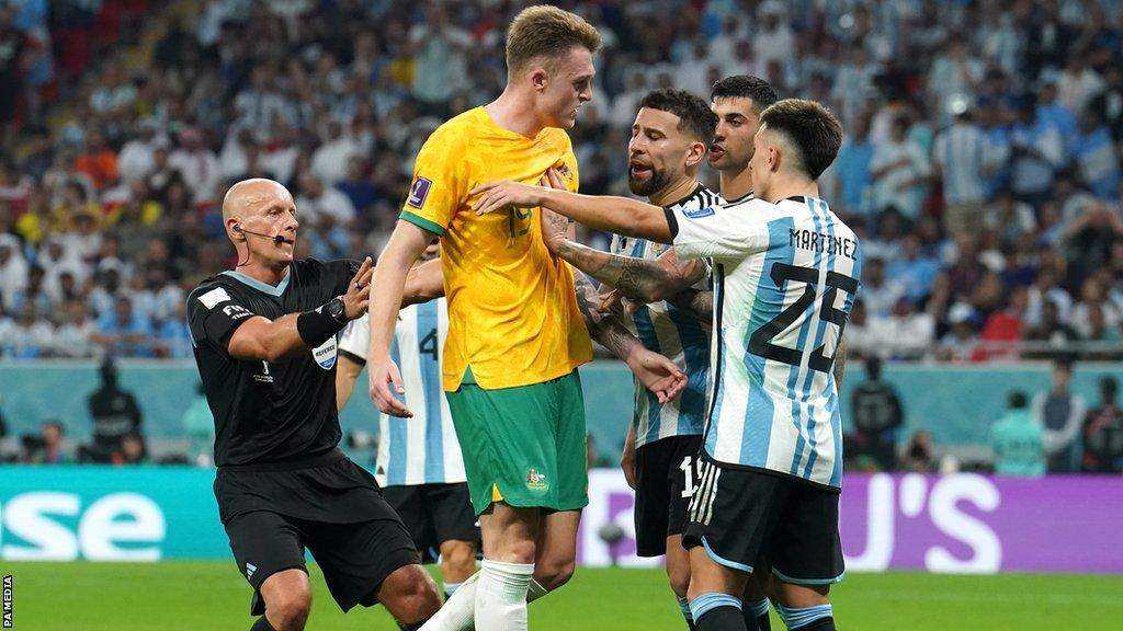 Harry Souttar tangled with Argentina's Lisandro Martinez during the round of 16 match at the Ahmad Bin Ali Stadium