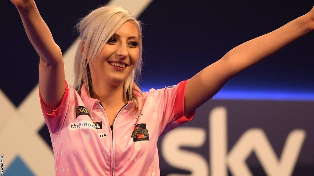 Fallon Sherrock celebrates a victory at the PDC World Championship in December 2019