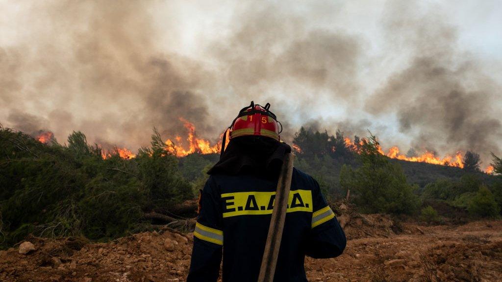 Fire-fighters tackle a wildfire near Athens