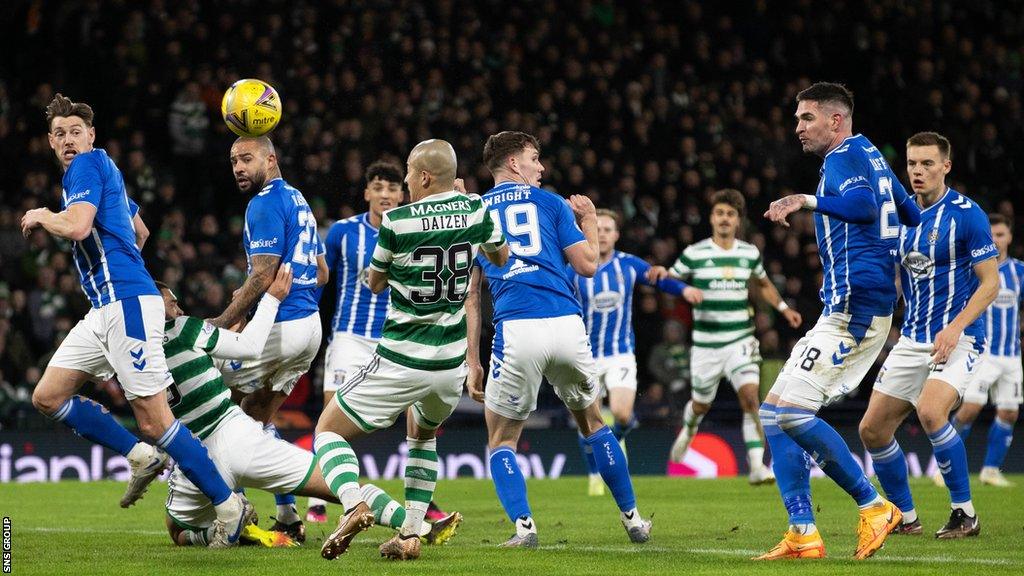 Celtic’s Daizen Maeda scores to make it 1-0 during a Viaplay Cup Semi Final match between Celtic and Kilmarnock at Hampden Park