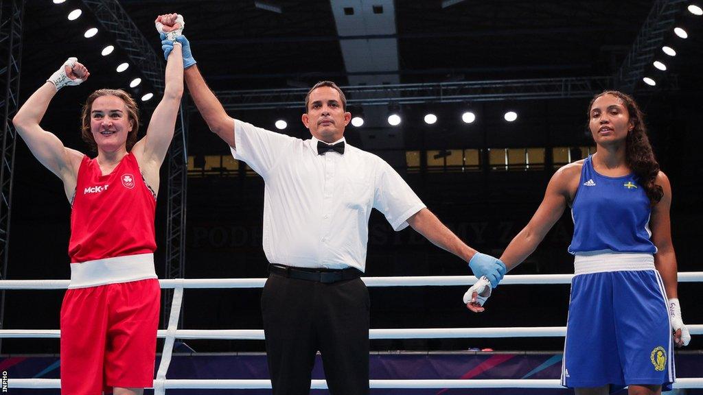 Ireland's Olympic champion Kellie Harrington is announced as the winner of her lightweight quarter-final against Sweden's Agnes Alexiusson at the European Games in Poland