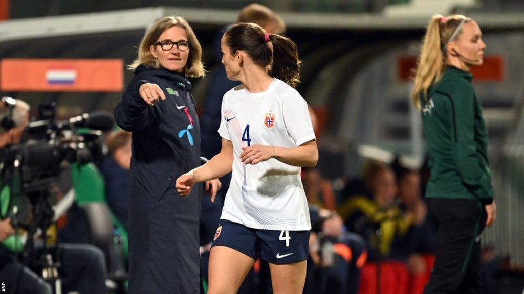 Hege Riise and Tuva Hansen of Norway during the women's friendly match between Netherlands in October 2022