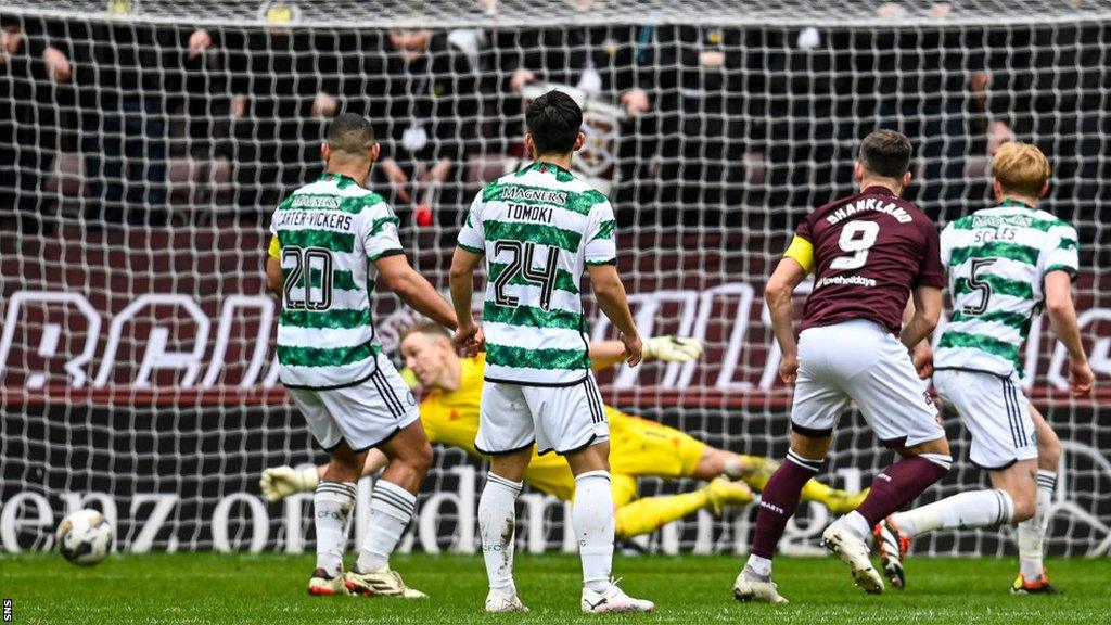 Lawrence Shankland scores for Hearts against Celtic