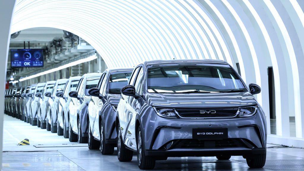 A row of BYD Dolphin compact hatchback electric vehicles illuminated by fluorescent lights at a manufacturing plant