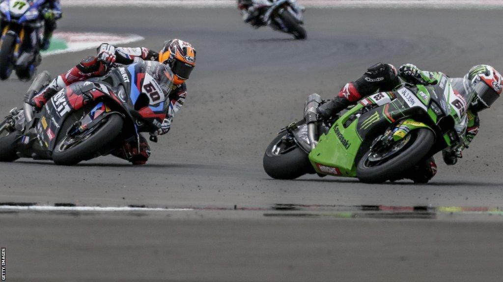 Jonathan Rea and Michael Van Der Mark race during the Indonesian round