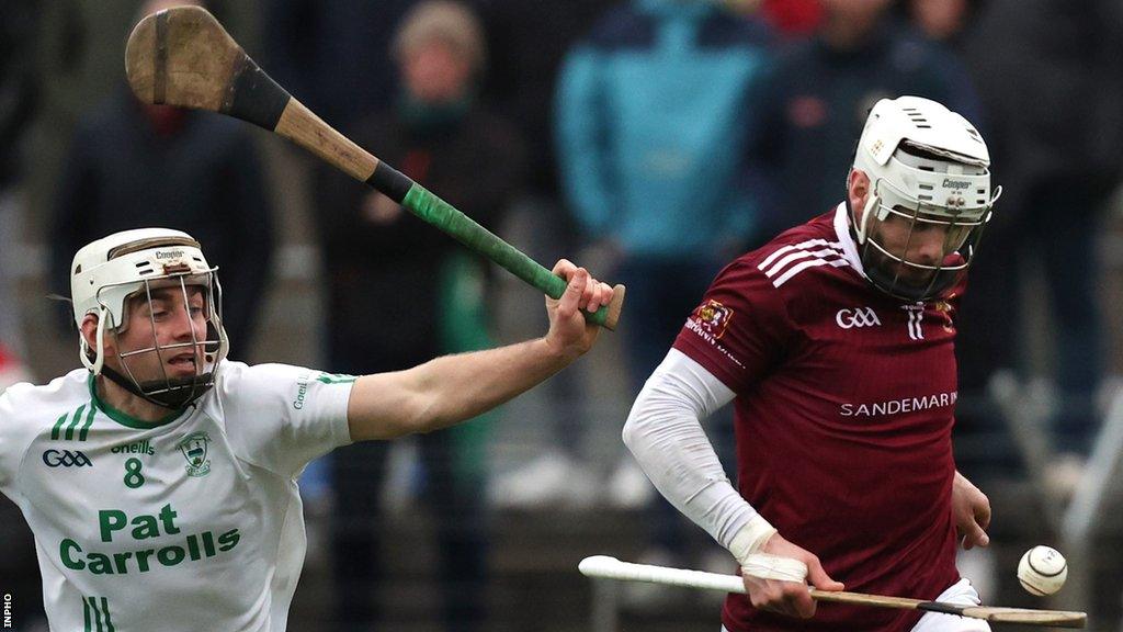 Neil McManus attempts to burst away from Jack Nolan at Pairc Tailteann