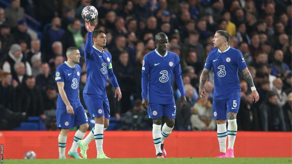 Mateo Kovacic, Thiago Silva, N'Golo Kante and Enzo Fernandes look disappointed at full-time of Real Madrid's win over Chelsea in the Champions League